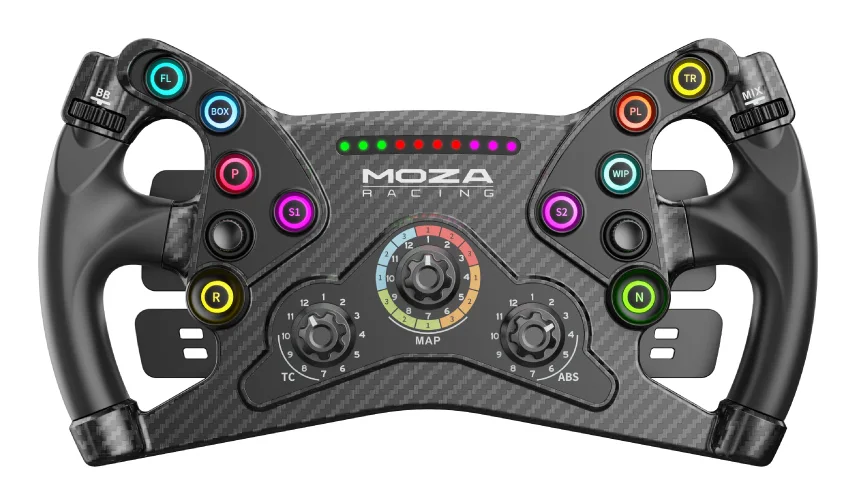 MOZA KS steering wheel with carbon-fibre face, front view
