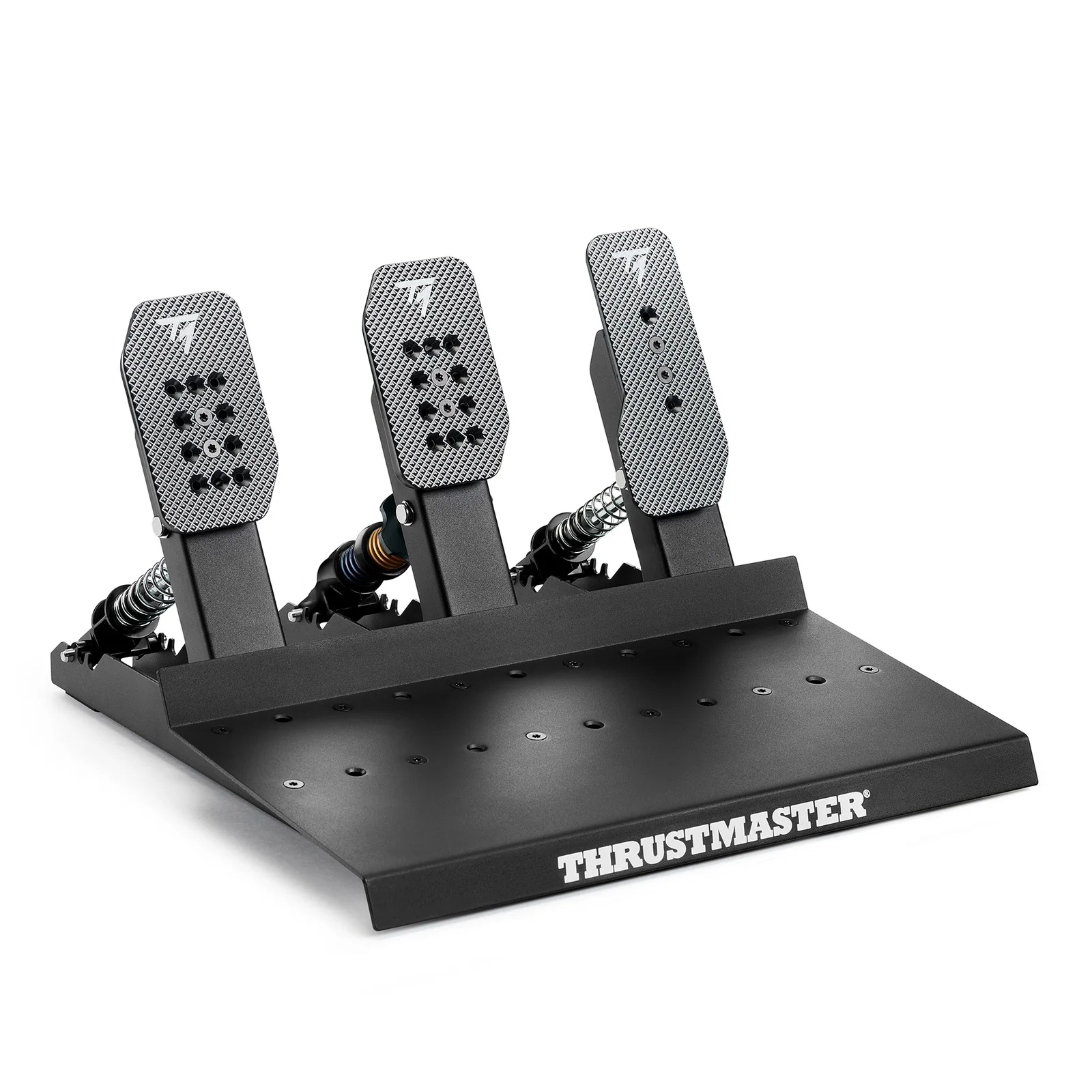 Thrustmaster Raceline Pedals III LC three-pedal set on its black baseplate, front three-quarter view