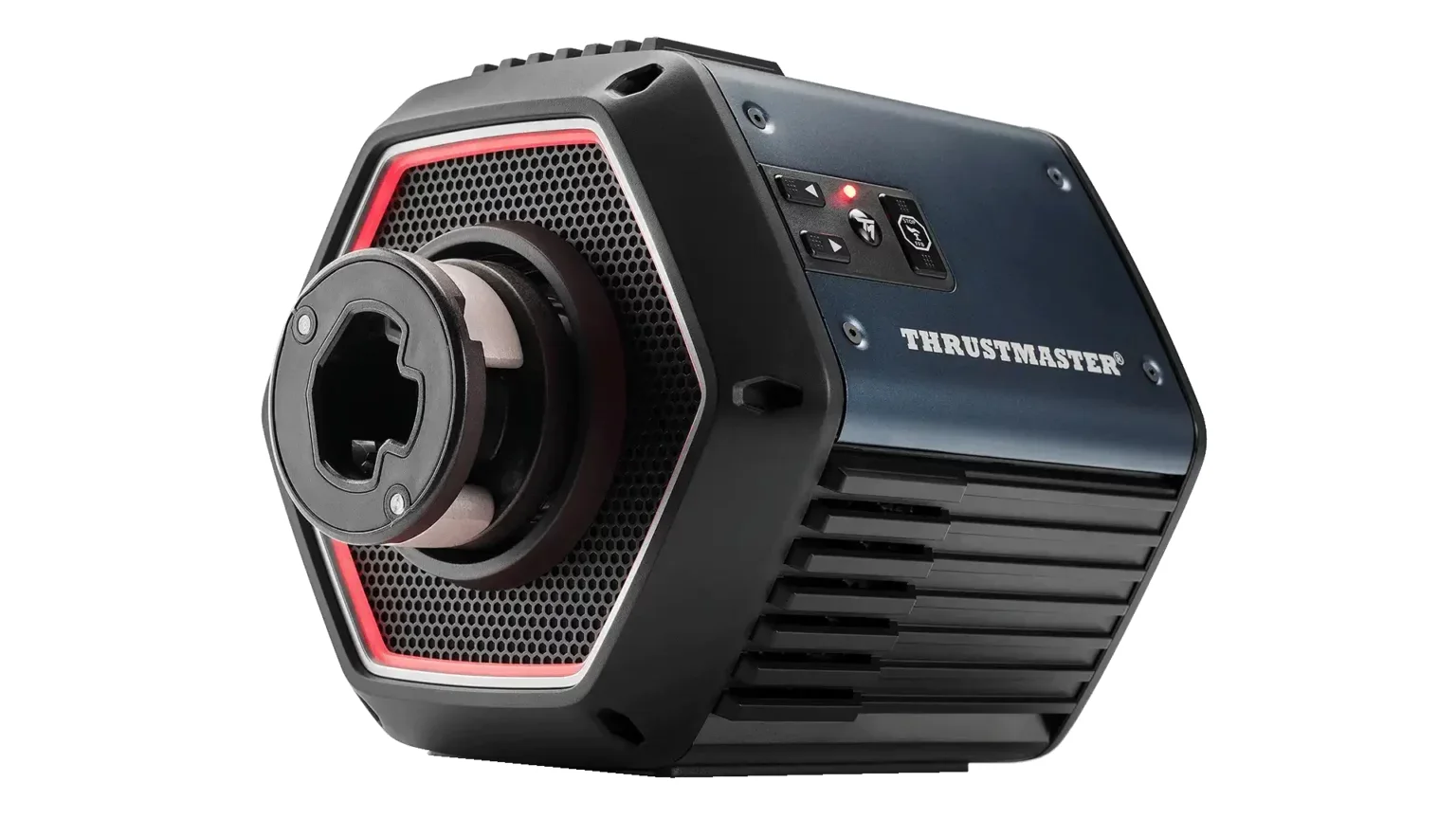 Thrustmaster T818 direct drive wheel base without rim, three-quarter view