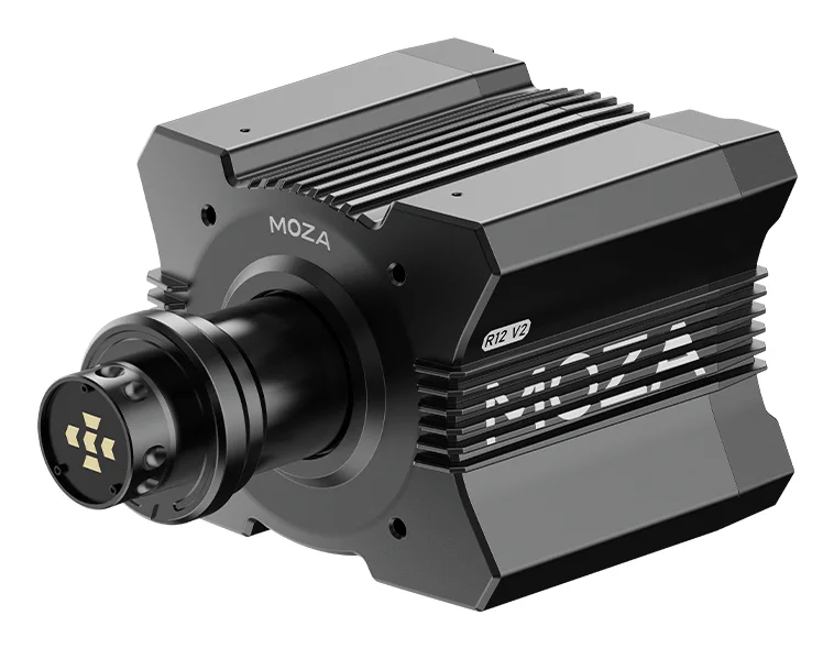 MOZA R12 V2 direct drive wheel base, three-quarter view