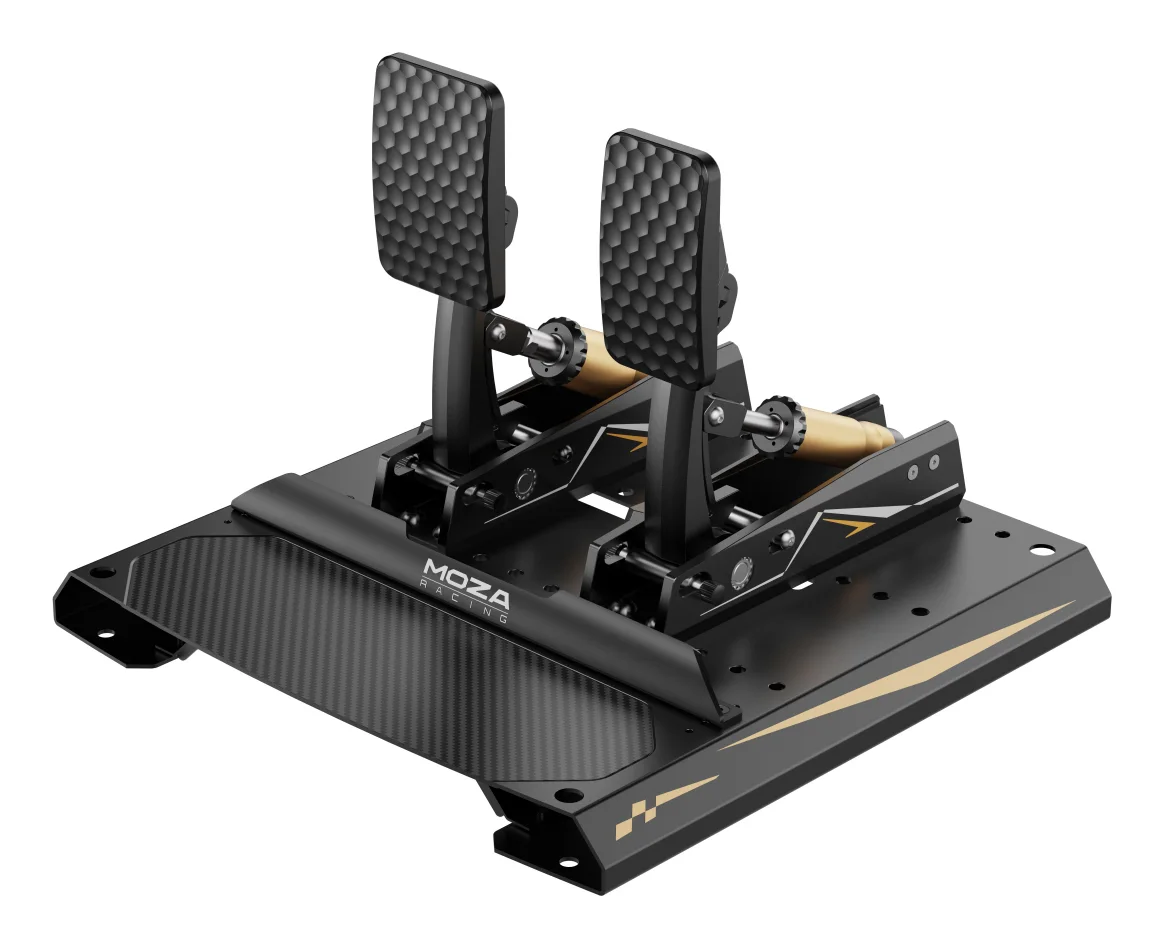 MOZA CRP2 throttle and load cell brake pedals on the carbon fiber heel plate, front three-quarter view