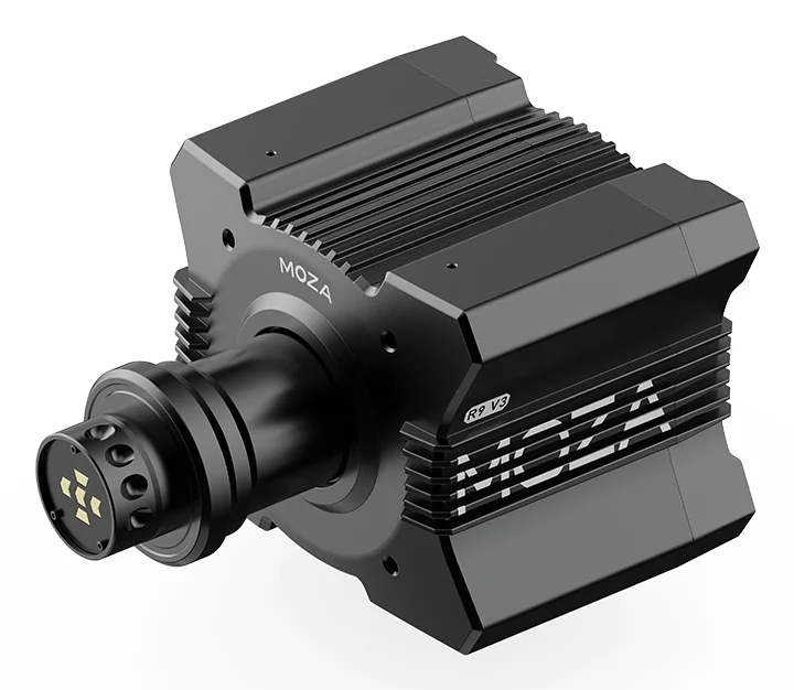 MOZA R9 V3 direct drive wheel base, three-quarter view