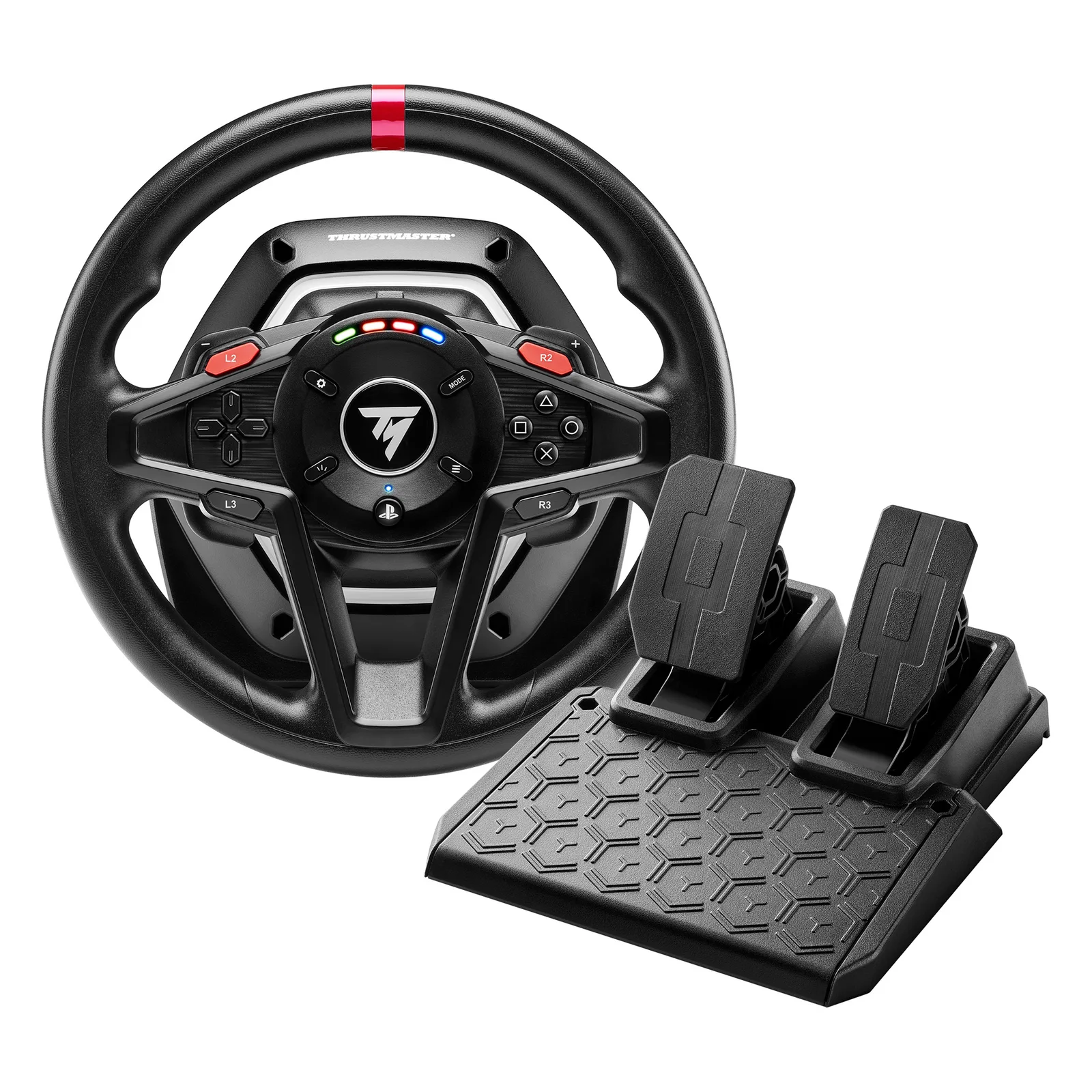 Thrustmaster T128 wheel and T2PM pedals, front view