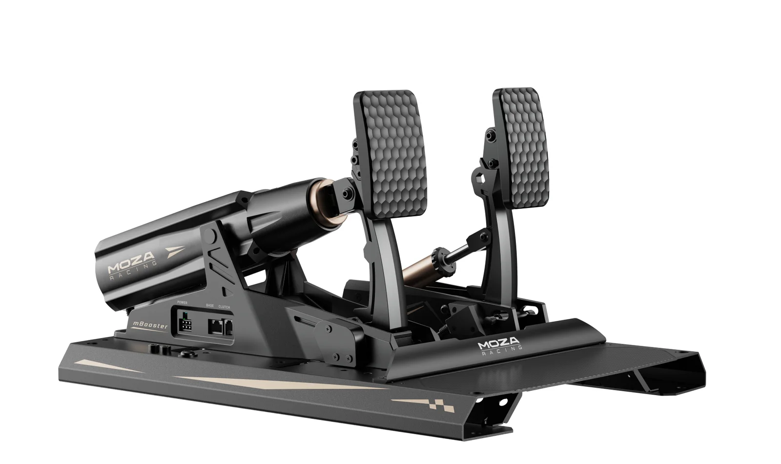 MOZA mBooster active brake pedal and CRP2 throttle on the base plate, front three-quarter view