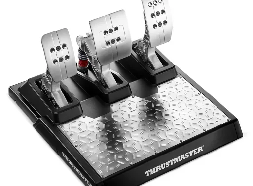 Thrustmaster T-LCM three-pedal set with stainless steel pedals, front three-quarter view