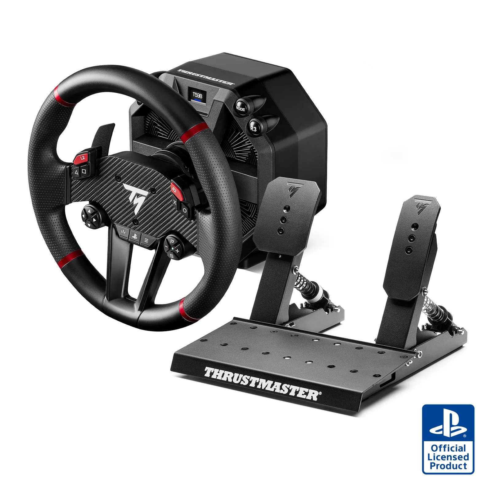 Thrustmaster T598 wheel base with Sportcar rim and Raceline Pedals LTE, three-quarter view