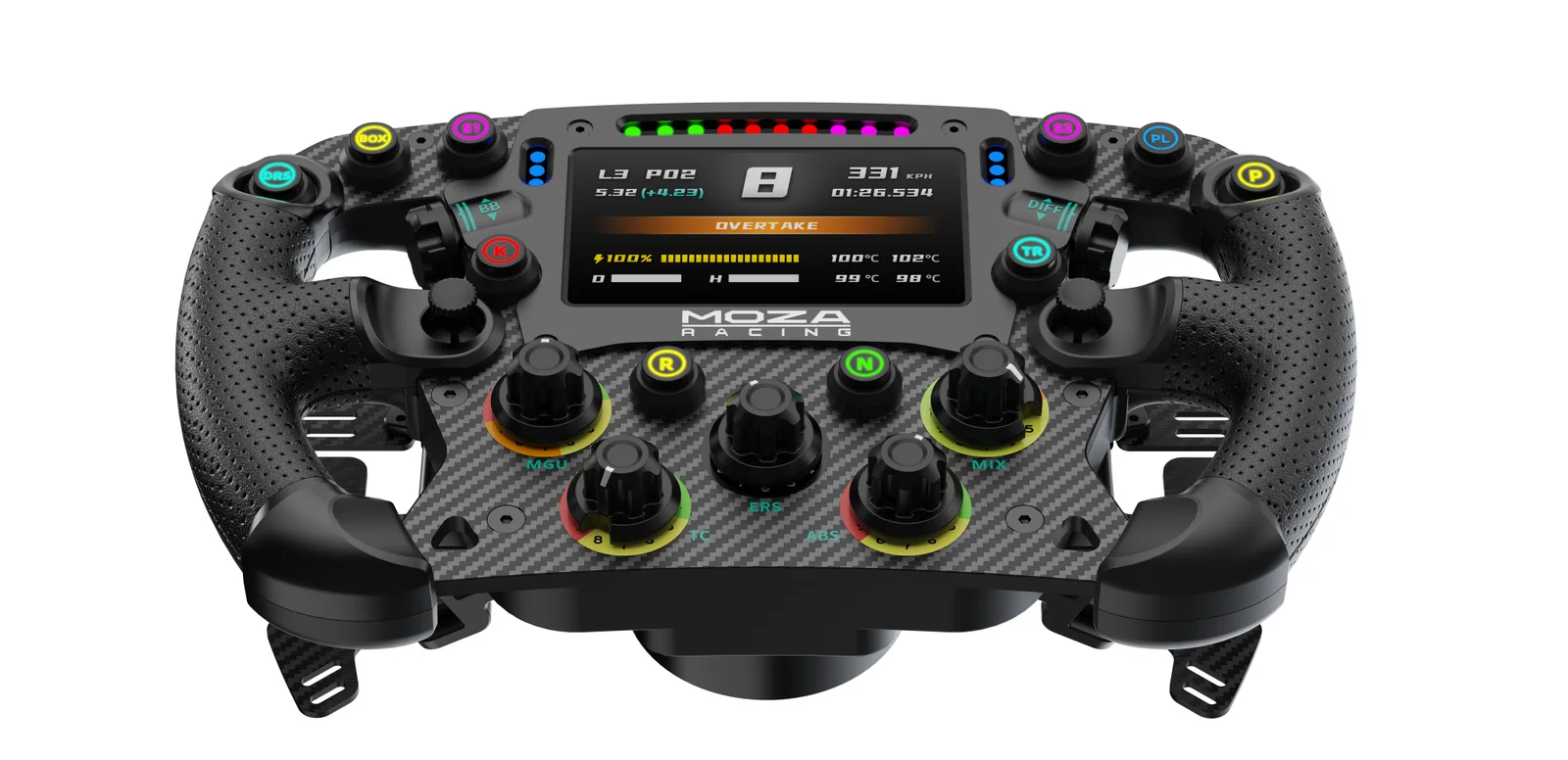 MOZA FSR2 formula wheel, front view with display and RGB buttons